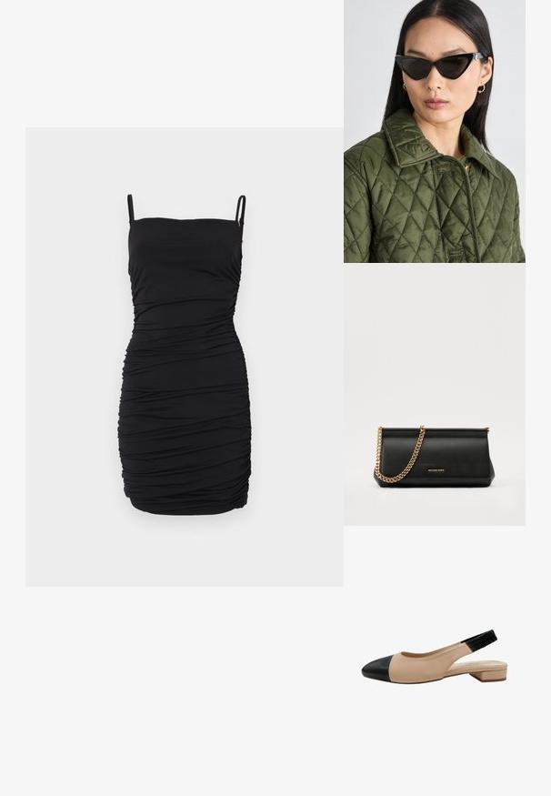 Schwarzes ärmelloses Kleid aus dehnbarem Stoff, das ein gerafftes Design aufweist, mit verstellbaren Spaghettiträgern und einer figurnahen Silhouette.; Beige Leder Slingback-Schuh mit schwarzer Kappe, niedrigem Blockabsatz und elastischem, strukturiertem Riemen für eine verstellbare Passform.; Schwarze Cat-Eye-Sonnenbrillen mit kantigem Design, getragen mit einer gesteppte olivgrünen Jacke mit Kragen und Rautenmuster.; Schwarze Leder-Clutch mit einer goldenen Ketten-Trage, die eine glatte Oberfläche, rechteckige Form und geprägtes Branding auf der Vorderseite aufweist.