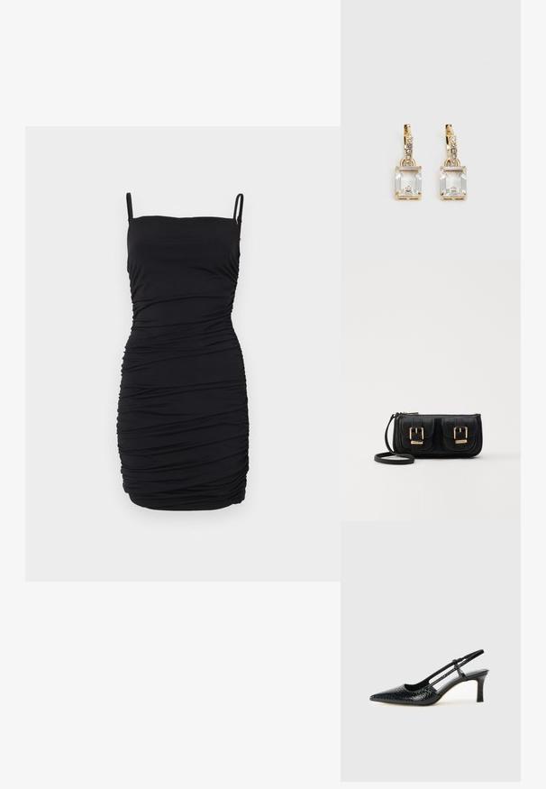 Vestido preto sem mangas feito de um tecido elástico, apresentando um design drapeado por toda a peça, com alças finas ajustáveis e uma silhueta ajustada.; Salto slingback em patente preta com bico apontado, apresentando um padrão de pele de cobra texturizado, tira ajustável e um salto bloco curto e texturizado.; Bolsa de ombro em couro preto com dois bolsos frontais, fivelas douradas, fecho de zíper e uma alça fina. Superfície texturizada e forma retangular compacta.; Brincos em tom de ouro com um cristal retangular claro pendurado abaixo de uma linha de pequenos acentos redondos claros. Design elegante e moderno.