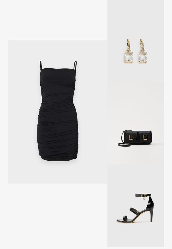 Melna bezpiedurkņu kleita, kas izgatavota no elastīga auduma, ar ručotu dizainu visā kleitā, ar regulējamām spageti siksnām un pieguļošu siluetu.; Melnas lakota ādas sandalēs ar trim siksnām, potītes sprādzi un 4 collu stiletto papēdi. Iespējas ar zelta detaļām un logotipa piekariņu.; Melnas ādas crossbody soma ar divām priekšējām kabatām, zelta sprādzēm, ar rāvējslēdzēju aizdari un šauru siksnu. Strukturēta virsma un kompakta taisnstūra forma.; Zeltītas auskaru rotas, kuru centrā ir taisnstūra formas caurspīdīgs kristāls, kas karājas zem mazu, apaļu caurspīdīgu akcentu rindas. Elegants, mūsdienīgs dizains.