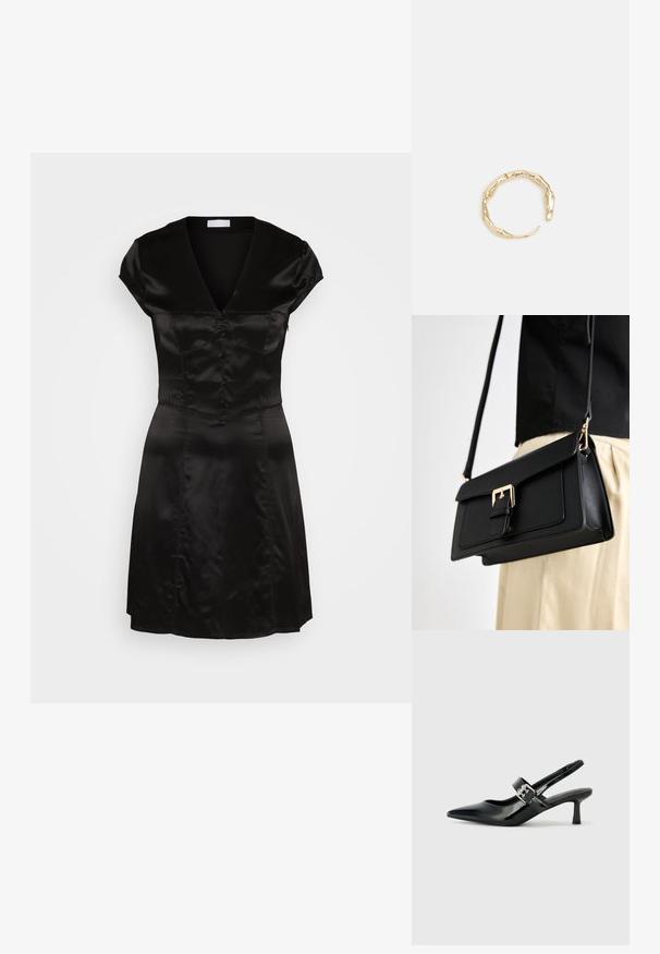Abito in satin nero con scollo a V, maniche a cappuccio e dettaglio di bottoni sul davanti. Corpino aderente che porta a una gonna svasata. Texture liscia.; Décolleté neri in vernice con punta affilata e tacco a blocco piccolo, dotati di un accentuato con fibbia argentata sulla cinturino.; Borsa a tracolla in finta pelle nera con chiusura a fibbia in tono dorato, design piatto e tracolla regolabile, esposta su uno sfondo chiaro.; Anello in tono oro con un design organico e Twisted, caratterizzato da una superficie liscia e punte affusolate, che crea un aspetto moderno e scultoreo.