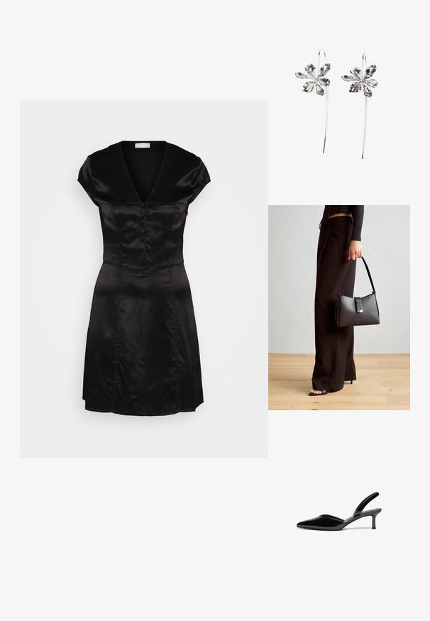 Abito in satin nero con scollo a V, maniche a cappuccio e dettaglio di bottoni sul davanti. Corpino aderente che porta a una gonna svasata. Texture liscia.; Décolleté in vernice nera con punta affusolata, tacco a stiletto basso e un design elegante e semplice senza decorazioni.; Borsa nera con forma strutturata, texture liscia e una chiusura metallica. Abbinata a pantaloni neri larghi e sandali open-toe su un pavimento in legno.; Orecchini argento a forma di fiore con una finitura testurizzata, caratterizzati da ganci lunghi e dettagli a petalo per un design intricato.