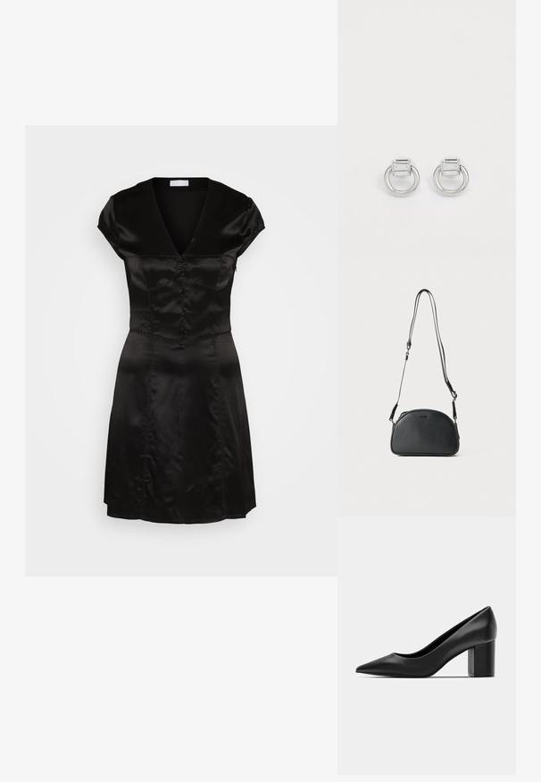 Abito in satin nero con scollo a V, maniche a cappuccio e dettaglio di bottoni sul davanti. Corpino aderente che porta a una gonna svasata. Texture liscia.; Decolleté in pelle nera con punteggiatura e tacco quadrato spesso. Texture liscia, design semplice, adatto per ambienti formali.; Borsa a tracolla in pelle nera di forma arrotondata, con due cinturini regolabili e un logo sottile sulla parte anteriore. Esterno testurizzato, design minimalista.; Orecchini in metallo argentato con una pietra rettangolare sopra un cerchio. Texture liscia, design minimalista e forma geometrica.