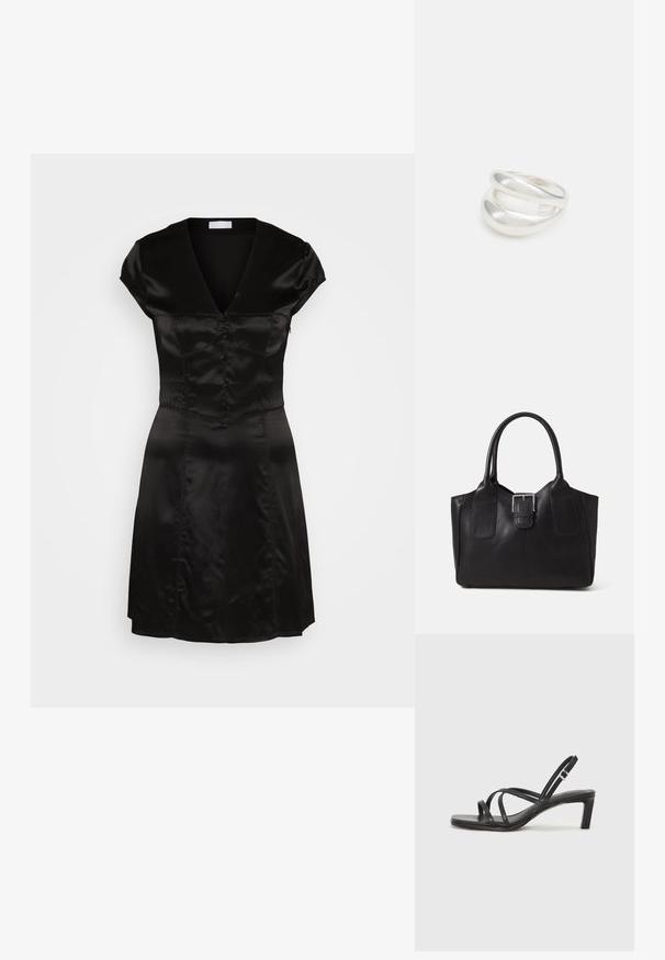 Schwarzes Satinkleid mit V-Ausschnitt, kurzen Ärmeln und Knopfdetails auf der Vorderseite. Tailliertes Oberteil, das in einen ausgestellten Rock übergeht. Glatte Textur.; Schwarze Sandale mit Riemchen, quadratischer Zehenform und niedrigem Blockabsatz. Verfügt über mehrere dünne Riemen und einen verstellbaren Knöchelriemen. Hergestellt aus glattem Leder.; Schwarze Leder-Tote mit glatter Textur, strukturiertem Design, zwei Griffen und einem auffälligen silbernen Schnallen-Detail auf der Vorderseite.; Silberner Doppelring mit einer glatten, polierten Oberfläche. Verfügt über ein fließendes, kurviges Design mit überlappenden Abschnitten für einen modernen Look.