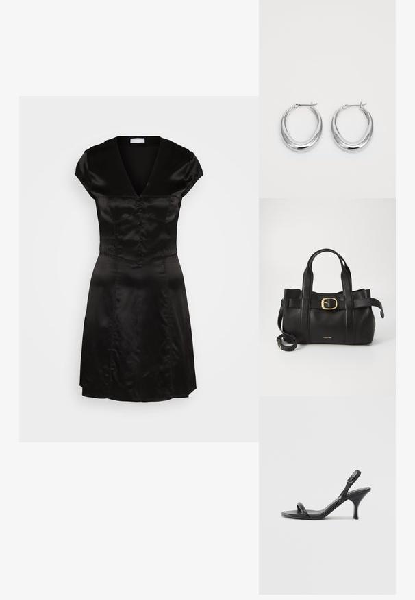 Abito in satin nero con scollo a V, maniche a cappuccio e dettaglio di bottoni sul davanti. Corpino aderente che porta a una gonna svasata. Texture liscia.; Sandali con tacco alto in pelle nera, con tacco sottile e curvo e design a fascia incrociata. Cinghia alla caviglia regolabile. Texture liscia.; Borsa a mano in pelle nera con un design strutturato, doppie maniglie superiori, accentuazione in metallo dorato e logo del marchio in rilievo sul davanti.; Un paio di orecchini a cerchio a mezzaluna in argento lucido con chiusure a cerniera su uno sfondo bianco.