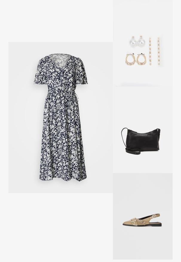 Rochie maxi florală în albastru marin și alb, cu mâneci scurte și volănașe, decolteu în V și cordon ajustabil în talie pentru o siluetă aderentă.; Pantofi slingback bej din piele lacuită, cu vârful ascuțit, două catarame ajustabile și un toc mic negru. Textură netedă cu un finisaj lucios.; Geantă de umăr din piele neagră, cu o textură netedă, formă curbată, curea ajustabilă și închidere cu fermoar. Design minimalist, fără embellishments.; Trei perechi de cercei: cercei cu perle albe mari, cercei tip cerc din aur cu pietre clare și două cercei lungi, drepți, din aur cu detalii strălucitoare.