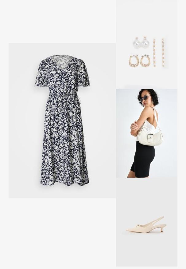 Lille lillelillede lillede ketsdilälekesde puhkla lälsüldektile, ja valge reedeise, kurku, tastsid vöödä ja istudsenonia ümber lüräkaräfäJG.; Kitsas varbaga ja avatud kannaosa valged nahast slingback kingad, kaunistatud väikese sõlme detailiga ja madala kitten kontsaga. Sile tekstuur, minimalistlik kujundus.; Valge nahast käekott, millel on kõver kuju, reguleeritav rihm ja väike nööbiga detail. Mudel kannab sobivat musta kostüümi.; Kolm paari kõrvarõngaid: suured valged pärlstudid, kuldsed rõngad läbipaistvate gemmidega ning kaks pikka, sirget kullast aktsentkõrvarõngast sädeleva detailiga.