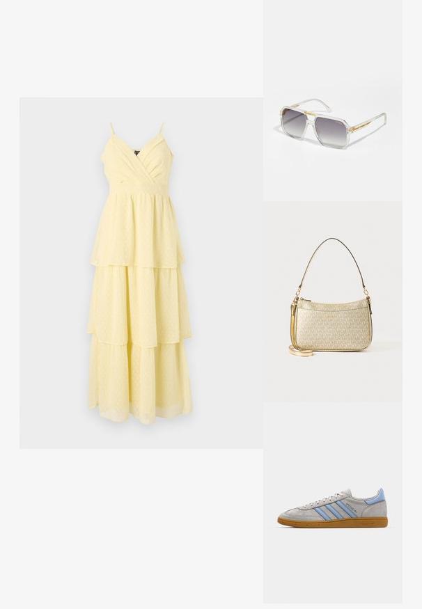 Rochie midi galbenă, cu straturi, cu bretele subțiri, decolteu în V și buline texturate. Prezintă un corset ajustat și o fustă suprapusă, fluidă.; Sneaker din suede gri, cu dungi albastre deschise, talpă din cauciuc de tip gumă și accente cu logo. Design low-top cu vârf rotund și închidere cu șnur.; Carrera VICTORY UNISEX - Ochelari de soare - transparent; Geantă texturată cu aur, cu o curea din piele netedă, având închidere cu fermoar și un model subtil de logo imprimat pe suprafață.