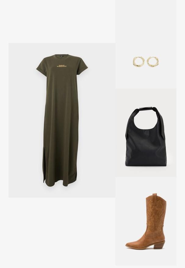 Vestido maxi verde oliva com mangas curtas, decote redondo e fendas laterais. Apresenta o logótipo "BARBOUR INTERNATIONAL" em dourado no peito.; Bota de cowboy em couro cáqui com bico pontiagudo, padrões de bordado em espiral no cano e um salto em bloco empilhado. Inclui uma alça para fácil calçar.; Saco hobo de couro preto com uma única alça suave e arredondada; apresenta uma textura suave e um design minimalista. Sem hardware ou acabamentos visíveis.; Brincos de argola dourados com um formato irregular e texturizado. Apresentam um fecho sem emenda e um acabamento polido, destacando um design moderno.