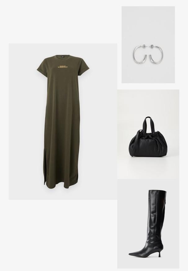 Olivroheline maxi kleit lühikeste varrukatega, ümmarguse kaelusega ja külgaukudega. Rinnal on kullast "BARBOUR INTERNATIONAL" logo.; Must musta kõrge saabas terava ninaga ja sihvakate kaartega kontsadega. Sile tekstuur, keha vastav disain ja nähtava riistvarata või mustriteta.; Mustmust mustkott mustrihmaga ülaosa disainiga, millel on kaks lühikest käepidet ja pikk reguleeritav rihm. Sile tekstuur, ümar kuju.; Hõbedased rõngaskõrvarõngad, millel on sile ja läikiv pind. Ümar kuju, kerge disain, millel on post-tagumise kinnituse süsteem.