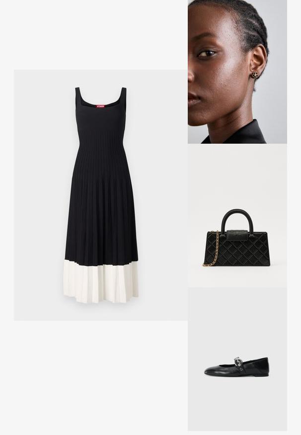 STAUD ELLISON DRESS - Päevakleit - black/ivory; Mustadest nahast balleti kingad terava varbaga, millel on rihm ümmarguse metallist pandlaga ja lame tald.; Musthave mustrip, mis tekstureeritud nahast, millel on tehe kumerusmuster, kuldse tooniga ahelrihm ja ülemine käepide, millel on logo reljeefne klapp.; Kuldne lillemotiiviga stud-kõrvarõngas, millel on tekstureeritud must keskus ja delikaatne detailide töö. Mudeli puhas nahk ja sasis juuksed on näha külgmises vaates.