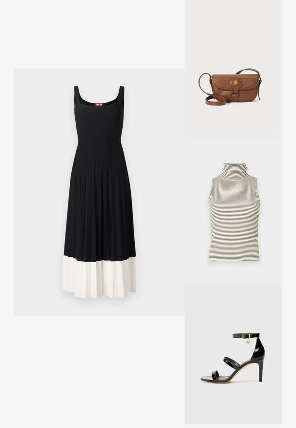 STAUD ELLISON DRESS - Φόρεμα ημέρας - black/ivory; Αμάνικο τοπ με ψηλό γιακά και κάθετες μαύρες και λευκές ρίγες, κατασκευασμένο από υφασμάτινη πλέξη με υφή, που διαθέτει σφιχτό κόψιμο.; Μαύρη λουστρίνι σανδάλι με τρεις λωρίδες, πόρπη στον αστράγαλο και τακούνι στιλέτο 10 εκ. Διαθέτει χρυσά μεταλλικά στοιχεία και λογότυπο.; Καφέ δερμάτινη τσάντα χιαστί με καμπύλη καπάκι, χρυσά αξεσουάρ και διακοσμητικό λογότυπο. Ο ιμάντας είναι ρυθμιζόμενος και έχει λεία υφή.