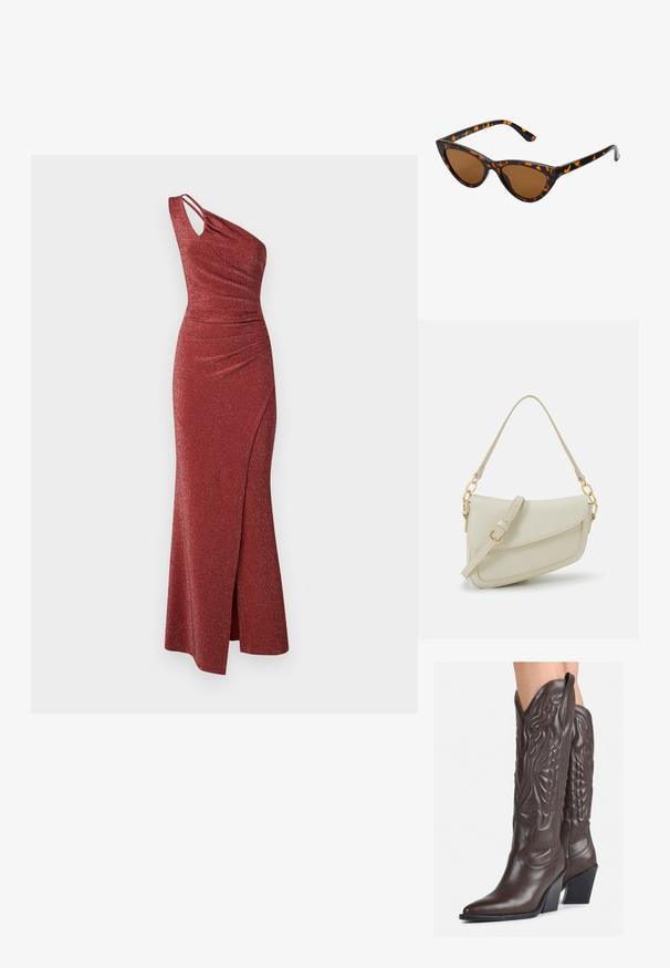 Vienas pleca, garš sarkans mirdzošs kleitas tērps ar ručkām, asimetrisku jostas līniju un sānu izgriezumu, kas nodrošina papildu kustību.; Brūni ādas kovboju zābaki ar norādītu purngalu un blokveida papēdi, ar detalizētu šūšanu un paceltiem akcentiem uz kājas daļas.; Kaķa acs saulesbrilles ar melnu un oranžu bruņurupuču rakstu rāmi, brūnām lēcām un elegantiem, norādītiem galiem. Rāmī ir minimālists logos uz tempļa.; Maza krēmkrāsas rokas soma ar teksturētu apdari, garu regulējamu siksniņu, ķēdes akcentu un vāciņa aizdari. Zelta aparatūras detaļas.