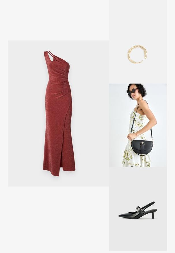 Robe rouge pailletée à une épaule, avec des détails de fronces, une taille asymétrique et une fente sur le côté pour plus de fluidité.; Escarpins slingback en cuir verni noir avec un bout pointu et un petit talon bloc, mettant en avant un accent en boucle argentée sur la sangle.; Sac à main en cuir noir avec une forme courbée, bandoulière amovible et des accessoires en or. Le sac est doté d'un rabat avec un détail de boucle.; Bague en or ornée d'un design organique et torsadé, avec une texture lisse et des extrémités effilées, créant une apparence moderne et sculpturale.