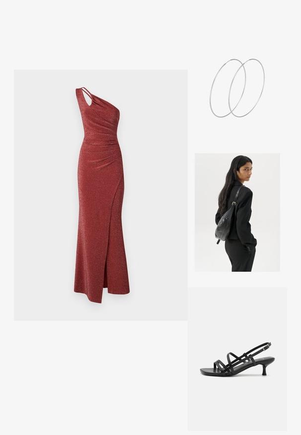 Robe rouge pailletée à une épaule, avec des détails de fronces, une taille asymétrique et une fente sur le côté pour plus de fluidité.; Sandales à talons noirs avec plusieurs brides entrecroisées. Matériau lisse, bout pointu et talon étroit. Bride de cheville ajustable avec boucle.; Femme avec de longs cheveux foncés portant un costume noir, portant un sac à épaule en cuir noir, regardant par-dessus son épaule contre un fond blanc.; Boucles d'oreilles en argent au design minimaliste. Forme circulaire, texture lisse et profil fin. Légères avec une finition polie.