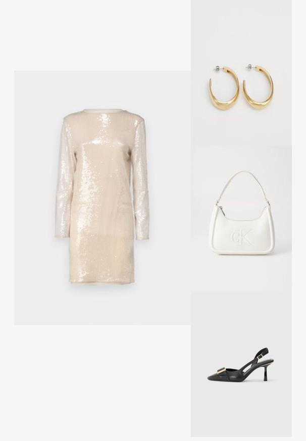 Een lange mouw jurk gemaakt van een glinsterende beige stof bedekt met pailletten. Heeft een ronde halslijn en een rechte snit.; Zwarte leren slingback schoen met een spitse neus, slanke hak en een gouden hardwareaccent op de wreef. Glad textuur en gestructureerd ontwerp.; Witte lederen handtas met een gebogen vorm, voorzien van een reliëf "CK" logo aan de voorkant en een enkele schouderriem. Ritsluiting aan de bovenkant.; Gouden hoepel oorbellen met een glad, gebogen ontwerp. Gemaakt van metaal, met een elegante afwerking en een paal-achter sluiting.
