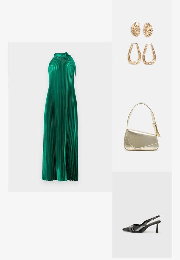 Žalia plisuota suknelė su pasnertiniu kaklu, pagaminta iš blizgaus audinio. Kaina turi plazdantį dizainą ir tekstūrinius vertikalius plišus.; Juodas lakuotas odinis batelis su smailiu pirštu, kulkšnies dirželiais su sidabrinėmis sagtimis ir detalėmis, bei plonu kulnu.; Aukso metalinės rankinės su struktūrizuotu dizainu, lygaus paviršiaus ir reguliuojama dirželiu. Pasižymi unikaliu trikampiu pavidalu ir minimalizmu siuvinėjime.; Auksinės auskarai, turintys tekstūruotus, bangų formos elementus. Įeina skulptūriniai segami auskarai ir atviri lankai su išmuštu paviršiumi.