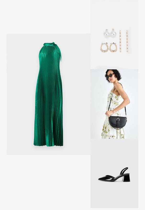 Zelené plisované šaty s krkom na halternecku, vyrobené z lesklého materiálu. Majú prúdový dizajn a textúrované vertikálne plisovanie.; Čierne lakované kožené sandálové podpätky s špicatou špičkou a geometrickým blokovým podpätkom. Disponujú elegantným, minimalistickým dizajnom a hladkým povrchom.; Čierna kožená kabelka s zaobleným tvarom, odnímateľným popruhom a zlatými doplnkami. Kabelka má klopu s detailom s prackou.; Tri páry náušníc: veľké biele perlové náušnice, zlaté kruhové náušnice s priehľadnými drahými kameňmi a dvoje dlhé, priamé zlaté akcentové náušnice so trblietavými detailmi.