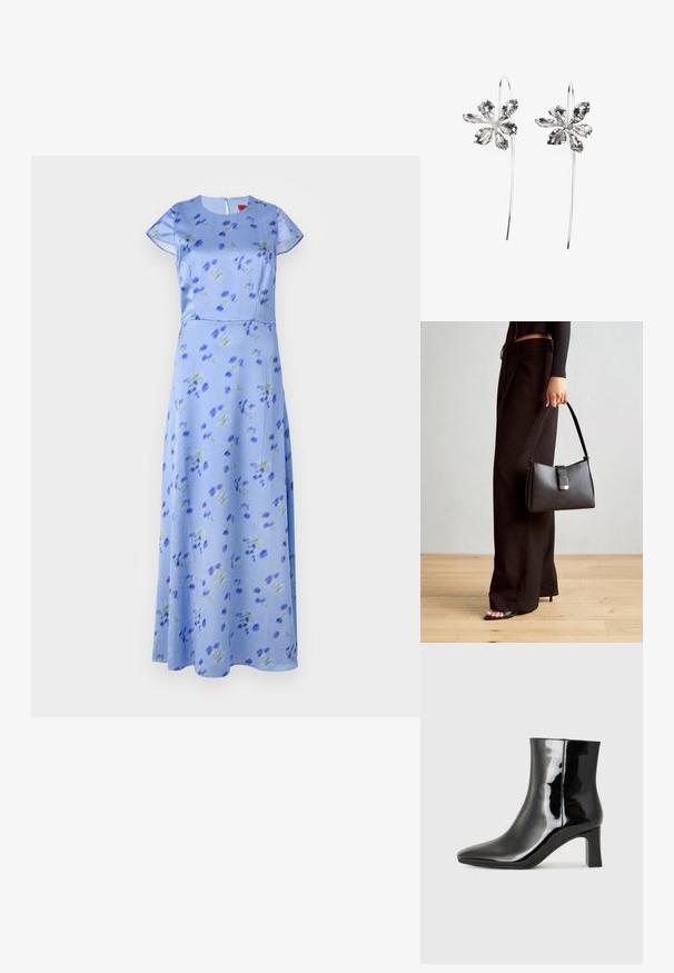 Lichtblauwe jurk met bloemprint, korte mouwen, ronde halslijn, A-lijn silhouette, voorzien van groene en blauwe bloemen, ritsluiting aan de achterkant.; Zwarte gepolijste leren enkellaars met een spitse neus en een blokhak van gemiddelde hoogte. Glad textuur en minimalistisch ontwerp.; Zwarte handtas met gestructureerde vorm, gladde textuur en een metalen sluiting. Gecombineerd met brede zwarte broeken en sandalen met open teen op een houten vloer.; Zilveren oorbellen in de vorm van bloemen met een gestructureerde afwerking, voorzien van lange haken en bloembladen-achtige details voor een ingewikkeld ontwerp.