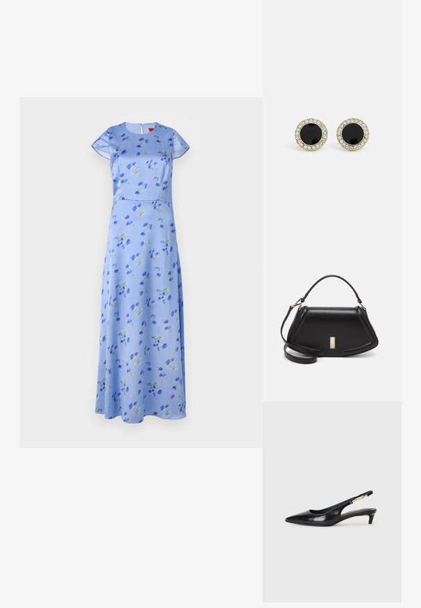 Šaty s květinovým potiskem v světle modré, krátké rukávy, kulatý výstřih, A-liniový silueta, s zelenými a modrými květy, zip vzadu.; Černé kožené boty na podpatku s otevřenou patou a špičatou špičkou, s tenkým podpatkem a zlatým akcentem na nastavitelném pásku. Hladký povrch.; Černá kožená kabelka se strukturovaným designem, jejíž tvar je zkrácený, má horní rukojeť a zlaté kovové detaily. Součástí je i nastavitelný ramenní popruh.; DKNY INLAY STUD - Náušnice - black/gold-coloured