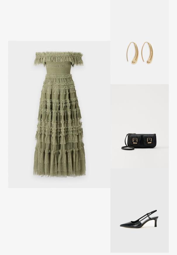 Abito verde oliva senza spalline con volant a strati, corpetto arricciato e gonna a strati con dettagli testurizzati e sottili pois.; Slingback con tacco in vernice nera con punta affusolata, caratterizzato da una stampa a serpente testurizzata, cinturino regolabile e un tacco corto e testurizzato.; Borsa a tracolla nera in pelle con due tasche frontali, fibbie dorate, chiusura con zip e una tracolla sottile. Superficie texturizzata e forma rettangolare compatta.; Orecchini a cerchio in metallo color oro con forma curva ed allungata. Presentano una superficie liscia e lucida e una punta arrotondata per un tocco di dettaglio in più.