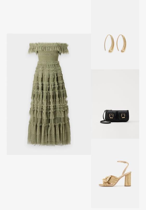 Šaty olivové barvy s odhalenými rameny, které mají vrstvené volány, smockovaný korzet a sukni s jednotlivými vrstvami, doplněné texturovanými detaily a jemnými puntíky.; Zlaté sandály na podpatku s uzlem vpředu, sklady na povrchu a páskem kolem kotníku. Blokový podpatek má žebrovaný design, který zvyšuje přilnavost.; Černá kožená crossbody taška se dvěma předními kapsami, zlatými přezkami, zipovým uzávěrem a štíhlým popruhem. Texturovaný povrch a kompaktní obdélníkový tvar.; Náušnice ve tvaru kruhu z pozlaceného kovu s vroubkovaným, prodlouženým tvarem. Mají hladký, lesklý povrch a zaoblený konec pro zvýraznění detailu.
