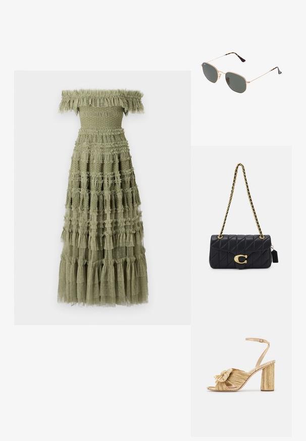 Pečių neatskleidžianti alyvuogių žalios spalvos suknelė su sluoksniuotais volanais, surinkta liemenį ir kelių lygių sijoną su tekstūrinėmis detalėmis ir subtiliomis taškeliais.; Auksinės kulno sandalai su susuktų priekiu, godžių tekstūra ir kulkšnies juosta. Bloko kulnas turi briaunotą dizainą, kuris pagerina sukibimą.; Auksiniai metaliniai akiniai nuo saulės su tamsiai žaliomis lęšiais, aviator tipo, su siaurais rėmeliais ir kilpiniu akmeniu ant galiukų.; Juoda siuvinėta rankinė su auksiniu grandinės dirželiu, turinti išskirtinę auksinę sagtį ir mažą etiketę, pabrėžianti tekstūruotą odos paviršių.
