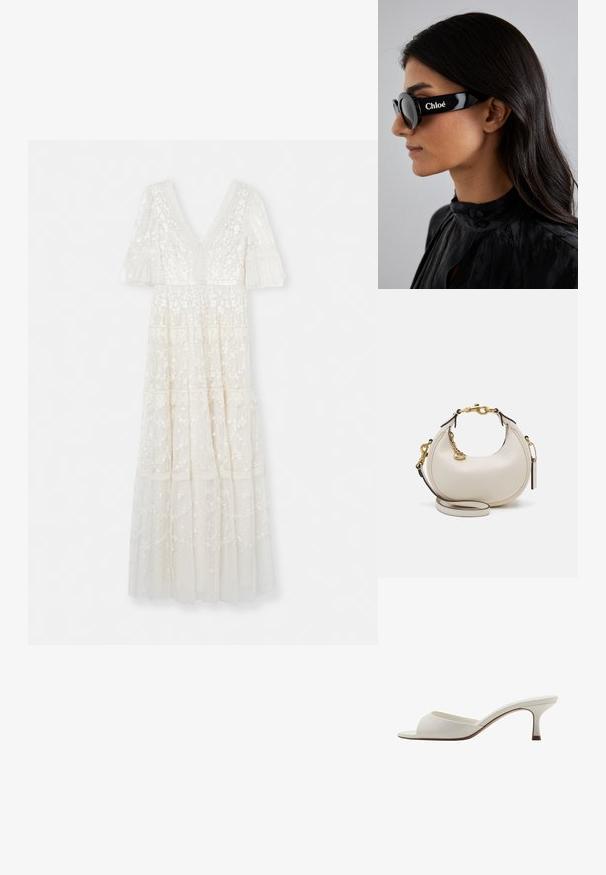 Needle & Thread ARAMINTA GOWN - Ballkleid - cream/cream; Weiße, offene High-Heel-Mules mit glatter Oberfläche, minimalistischer Gestaltung und schlankem Absatz, ausgestattet mit einem subtilen braunen Akzent auf der Sohle.; Schwarze Sonnenbrille mit runden Gläsern und kräftigen, kantigen Rahmen, auf deren Seite die Marke "Chloé" in Weiß angebracht ist. Glatte, glänzende Oberfläche.; Cremfarbene Lederhandtasche in Mondform, mit goldenen Akzenten, schwarzen Details und einem abnehmbaren Gurt. Sie verfügt über eine Kettendetail und einen Anhänger.; Goldfarbene Ohrringe, bestehend aus drei Paaren: strukturierte ovale Stecker, ohrringe mit gewelltem Design und große Creolen mit geschichteten Rillen.