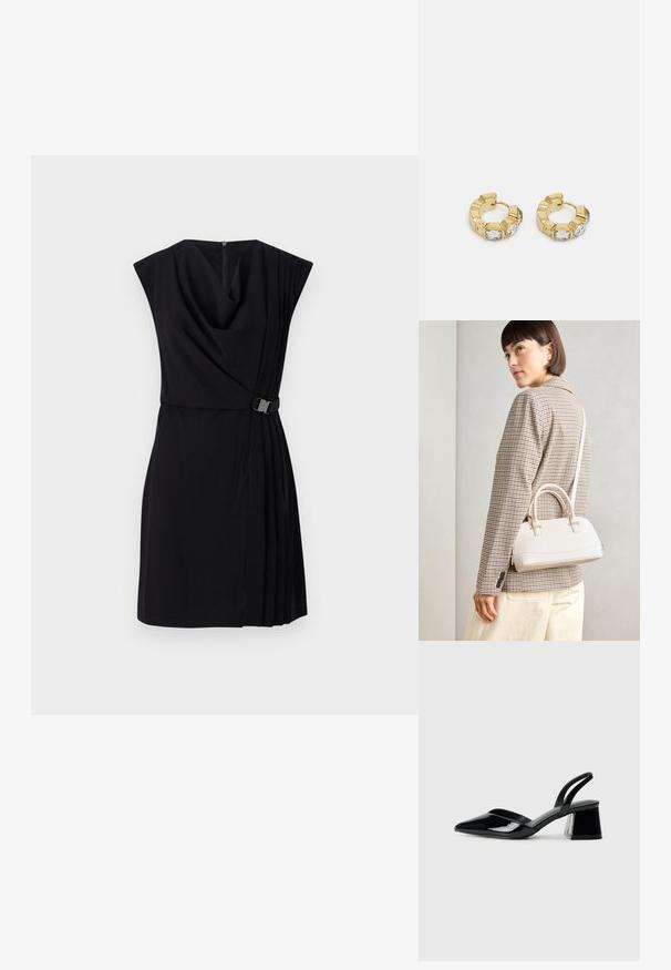 Vestido preto com decote drapeado, mangas curtas e detalhes plissados. Apresenta uma cintura ajustada com um accentuador metálico e um fecho de correr nas costas.; Sandy em verniz preto com salto slingback, ponta afilada e salto geométrico. Apresenta um design elegante e minimalista com textura suave.; Bolsa estruturada branca com alças curtas e uma alça de ombro, com detalhes em hardware dourado e material texturizado, exibida contra um fundo cinza.; Brincos de argola dourados com um design texturizado e três cristais transparentes em um lado, oferecendo uma estética geométrica moderna.