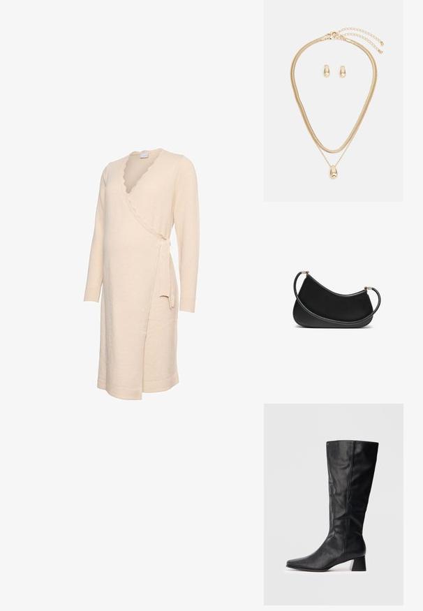 Kremowa sukienka kopertowa z długimi rękawami, z falowanym dekoltem i wiązaniem z boku. Miękka w dotyku, o długości do kolan.; Czarny skórzany botek do połowy łydki z ostrym noskiem i słupkowym obcasem na jednolitym jasnym tle.; Czarna skórzana torba na ramię o zaokrąglonym designie, z teksturowanym paskiem i złotymi akcentami przy górnym zapięciu. Gładkie wykończenie.; Złoty zestaw biżuterii, w skład którego wchodzi naszyjnik warstwowy z zawieszką w kształcie kropli oraz pasujące kolczyki-stud w polerowanym wykończeniu.