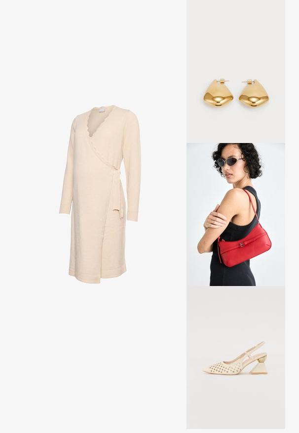 Kermansävyinen kietaisumekko, jossa on pitkät hihat, lovellinen pääntie ja sivulla solmittava kiinnitys. Pehmeä tekstuuri ja polven pituinen malli.; Bež sandle s perforiranim gornjim dijelom, uskim vrhom i kontrastnom trokutaškom petom koja ima zlatni naglasak. Glatka tekstura u cjelini.; Punainen nahkainen olkalaukku, jossa on sileä rakenne, kaareva muotoilu ja koristeellinen solki. Säädettävä hihna ja vetoketjukiinnitys.; Kultaiset metallikorvakorut, joissa on sileä, pyöreä kolmion muoto ja postitaustasuunnittelu; heijastava pinta, jossa on minimaalinen yksityiskohtien määrä.