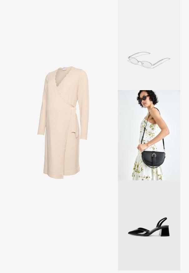 Vestido envelope cor de creme com mangas compridas, decote ondulado e fecho com laço lateral. Textura suave e comprimento até ao joelho.; Sandy em verniz preto com salto slingback, ponta afilada e salto geométrico. Apresenta um design elegante e minimalista com textura suave.; Óculos ovais com uma armação metálica prateada, lentes transparentes e detalhes texturizados em contas nas hastes. Design leve com braços curvos.; Bolsa de couro preta com forma curva, alça destacável e detalhes em dourado. A bolsa possui uma aba com detalhe de fivela.