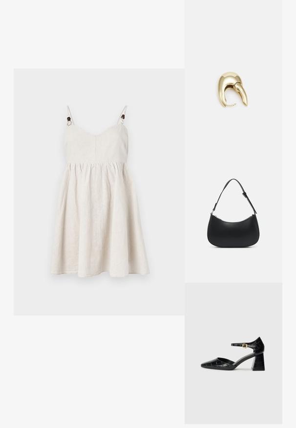Lněné sluneční šaty v jasně béžové barvě, s přiléhavým živůtkem, rozšířenou sukní, nastavitelné ramínka s dřevěnými korálky a nabíranými detaily.; Čierna lakovaná kožená vysoká opätková topánka s špicatou špičkou, remienkom okolo členka a textúrovaným vzorom krokodíla. Dizajn so štvorcovým blokovým opätkom.; Pieces PCALUANA SHOULDER BAG - Kabelka - black; Náušnice z kovu v zlatej farbe s elegantným, zakriveným dizajnom. Majú charakteristický špicatý tvar, leštený povrch a uzáver na pánt.