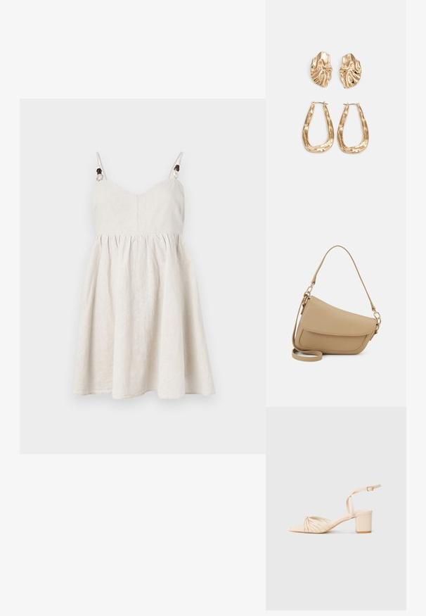 Vestido de lino en color beige claro, con un corpiño ajustado, falda acampanada, tirantes ajustables con acentos de cuentas de madera y detalles fruncidos.; Sandalia de tacón con tiras en color beige, punta cuadrada, diseño frontal retorcido, correa en el tobillo y tacón cuadrado. Textura suave, estilo minimalista.; Even&Odd Bolso de mano - beige; Pendientes en tono dorado que presentan formas texturizadas y onduladas. Incluyen aros de clip esculturales y un diseño de aro abierto con un acabado martillado.