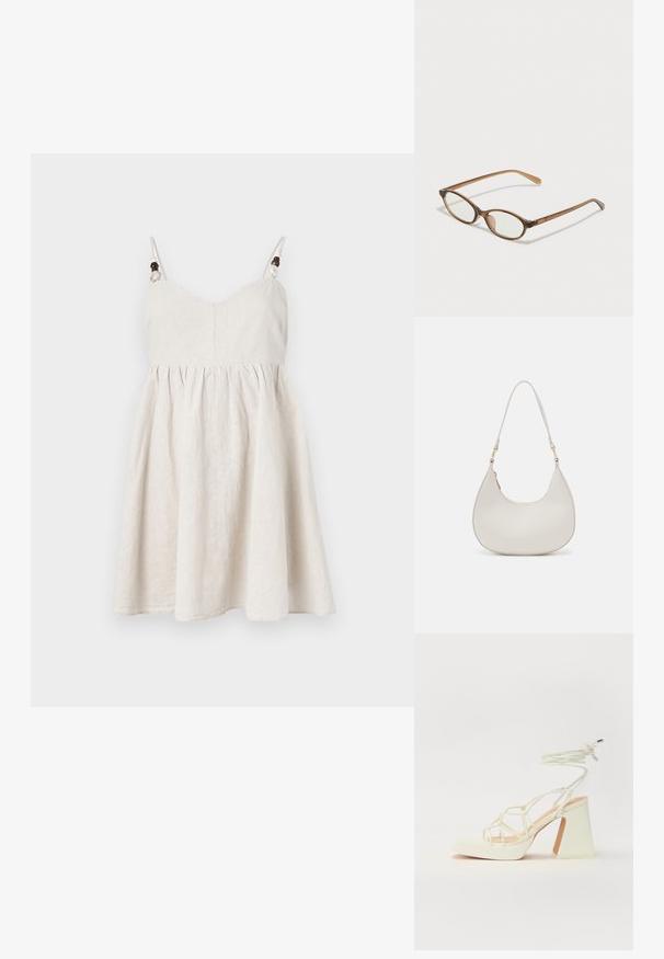 Valkoinen pellavamekko vaaleassa beigeissä, jossa on istuva yläosa, liehuva hame, säädettävät hihnat, joissa on puuhelmiä, sekä kerrostettua yksityiskohtaa.; Valkoinen korkokenkä, jossa on paksu korko, ja joka sisältää nauhakiinnityksen ja nilkkaketjun. Sujuva pinta, jossa on platform-etupohja lisäkorkeutta varten.; Ruskeat kilpikonnaruutulasiset silmälasit, joissa ovaalit linssit, ohuet varret ja läpinäkyvät yksityiskohdat. Temppeleissä on huomaamaton logo. Suunnittelultaan suora ja kevyt.; Kreemivärvi nahast õlakott, millel on kuu kujuline disain, õhuke rihm ja peened õmblused. Minimalistlik disain koos kuldse tooni metallitöötluse aktsentidega.
