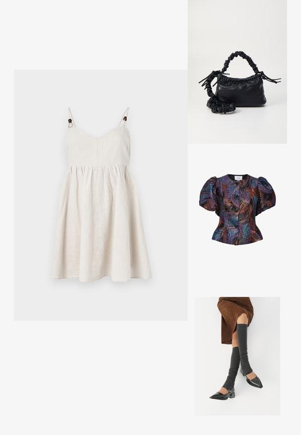 Ljetna haljina od platna u svijetloj bež boji, s uskim korzetom, raširenim suknjom, podešivim trakama s drvenim perlicama i nabranim detaljima.; Bluza s pufastim rukavima u crnoj boji s višebojnim šljokicama, s okruglim ovratnikom i prednjim kopčanjem na dugmadi. Teksturirana tkanina.; Crne lakirane cipele s šiljastim prstima, blok-petom i remenom oko gležnja, uparene s sivim rebrastim čarapama do koljena i smešnom suknjom od antilopa.; Crna torba od umjetne kože s teksturom krokodila, s cinčanim vrhom i naboranom trakom. Izgleda mekano i kompaktno u dizajnu.