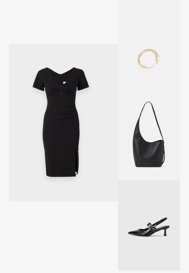 Crna uska haljina s kratkim rukavima, V-izrezom, nabranim gornjim dijelom i bočnim prorezom. Izrađena od rastezljivog materijala s glatkom teksturom.; Crne lakirane slingback potpetice s oštrim prstom i malom blok petom, s naglaskom na srebrnoj kopči na remenu.; Crna kožna hobo torba s glatkom teksturom, zakrivljenim oblikom i jednom podesivom trakicom; ima širok otvor na vrhu.; Prsten u zlatnoj nijansi s organskim, uvijenim dizajnom, glatkom teksturom i suženim krajevima, koji stvara moderan, skulpturalni izgled.