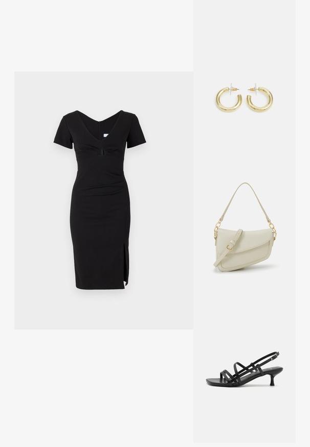 Melnas pieguļošas kleitas ar īsām piedurknēm, V-veida dekoltē, saguršanas augšu un sānu šķēlumu. Izgatavota no elastīgas auduma ar gludu tekstūru.; Melni papēžu sandales ar vairākiem krustveida siksnām. Gluda materiāla, norādīta purngala un šaura papēža. Regulējama potītes siksna ar sprādzīti.; Maza krēmkrāsas rokas soma ar teksturētu apdari, garu regulējamu siksniņu, ķēdes akcentu un vāciņa aizdari. Zelta aparatūras detaļas.; Zelta auskari ar gludu, spīdīgu apdari. Apaļš dizains, kas ietver mazu tapu un caurspīdīgu pamatni drošai valkāšanai.