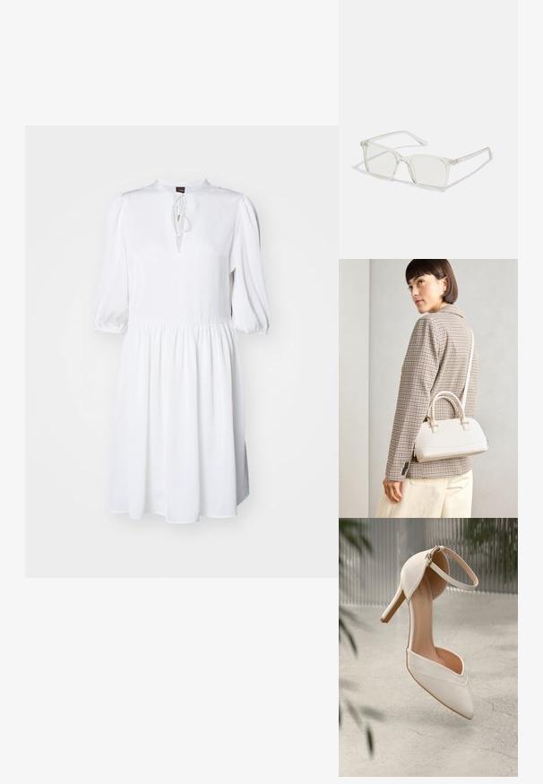 Rochie albă cu guler înalt, mâneci bufante și detaliu cu șnur în față. Fabricată dintr-un material neted și ușor.; Cumpărătură albă cu toc înalt, din material neted, cu vârf ascuțit și bretele pentru glezna. Dispune de un interior de culoare bej deschis și accente din metal aurit.; Ochelari de vedere cu rame pătrate din plastic transparent, dotate cu lentile translucide și accente aurii pe temple pentru un detaliu suplimentar.; Geantă structurată albă, cu mânere scurte și curea de umăr, având accente din metal aurit și material texturat, expusă pe un fundal gri.