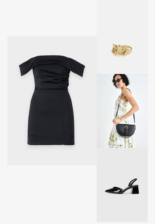 Crna haljina bez naramenica od glatkog materijala, s uskim korzetom, naborima i ravnim rubom.; Crne lakirane kožne sandale s otvorenom petom i špicastim vrhom, s geometrijskom blok petom. Imaju elegantan, minimalistički dizajn i glatku teksturu.; Crna kožna torba s lukovitim oblikom, odvojivim remenom i zlatnim detaljima. Torba ima preklop s kopčom.; Zlatni prsten s teksturiranim, valovitim dizajnom koji ima tri istaknuta vrha. Glatka, sjajna površina s otvorenom trakom za podešavanje veličine.