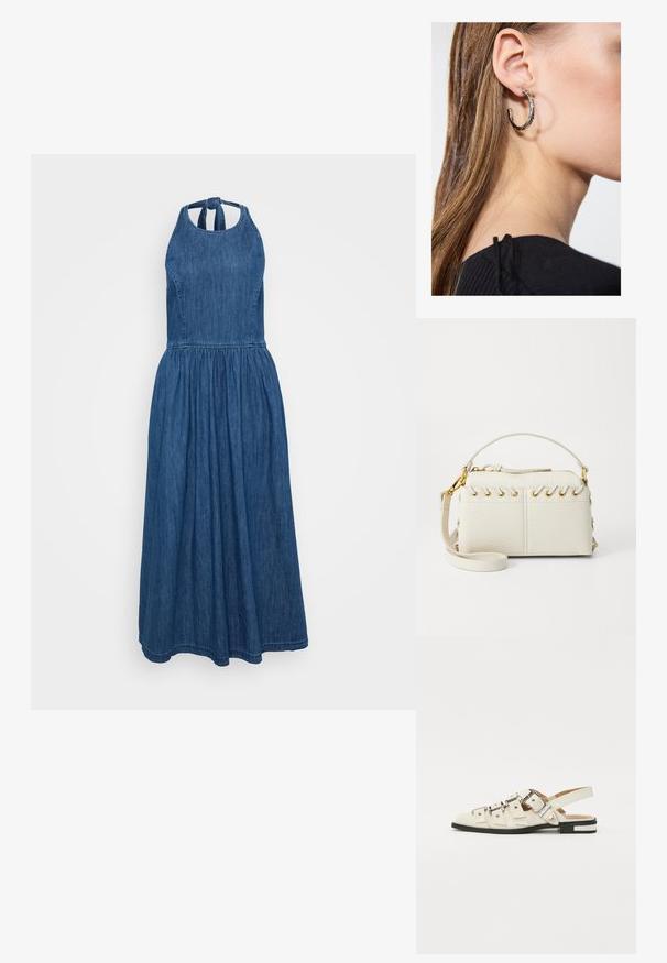 Denim maxi kleit halterneckiga, kokku kogutud vöökoht ja voolav seelik. Omab siledat tekstuuri ja sügavat sinist värvi, kaelas on sidumisvõimalus.; Valged nahast slingback-sandaalid, millel on mitmeid laiad rihmad ja hõbedased pandlad; tasane tald väikese musta kanna ja metalliliste detailidega.; Valge kunstnahast kott, millel on ülemine tõmblukk, lühike käepide ja eemaldatav ristkeha rihm kuldsete detailidega. Külgade lacing detail.; Hõbedane rõngas kõrvarõngas poleeritud viimistlusega, millel on väikesed kuldsed aktsendid ja ümmargune kuju, kantud lobus.