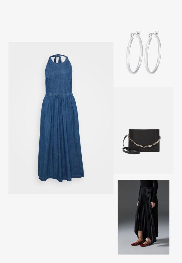 Denim maksi obleka s halter izrezom, zgrnjeno pasom in ohlapno krilo. Ima gladko teksturo in temno modro barvo, z vezavo okoli vratu.; Črna nabrana krila z višjim sprednjim in nižjim zadnjim delom, kombinirana z sijočimi rdečimi balerinkami s trakastim dizajnom. Tkanina ima gladko teksturo.; Črna usnjena torba čez ramo z gladko teksturo, pravokotno obliko in kovinskim verižnim detajlom spredaj. Vključena je nastavljiva naramnica.; Srebrni obroči za ušesa z gladko, polirano površino. Okrogla oblika in varna zaponka s klikom. Lahka zasnova, primerna za vsakodnevno nošenje.