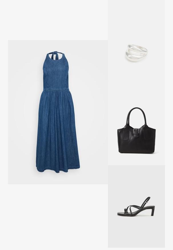 Denim maksi haljina s halter izrezom, skupljenim strukom i lepršavom suknjom. Ima glatku teksturu i tamnoplavu boju, s vezicom oko vrata.; Crne sandale s trakama, kvadratnim prstom i niskom blok petom. Ima više tankih trakica i podesivu trakicu oko gležnja. Izrađene su od glatke kože.; Crna kožna torba za nošenje s glatkom teksturom, strukturiranim oblikom, dvije ručke i istaknutim srebrnim kopčanjem na prednjoj strani.; Srebrna dvostruka prsten s glatkom, poliranom površinom. Karakterizira ga fluidan, zakrivljen dizajn s preklapajućim sekcijama za moderan izgled.