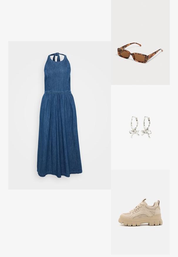 Džinsinis maksi suknelis su kaklo juosta, susirinkta liemeni, ir laisvai krintančia patalyne. Yra švelni tekstūra ir gili mėlyna spalva, su kaklo raiščiu.; Šviesiai rudos spalvos masyvūs sportbačiai, pagaminti iš mišinio tinklo ir suedinių medžiagų, su storu padu ir ryškiu protektoriumi, su raištelių užsegimu ir prekės ženklo detalėmis.; Vėžlio kiauto saulės akiniai su stačiakampiais rudi objektyvais, storu rėmu ir siaurais rankenėlėmis, dekoruotomis skirtingų atspalvių ruda spalva.; Sidabrinės auskarų žiedai su juostos dizainu, turintys lygų paviršių ir Poliruotą tekstūrą. Kompaktiško, minimalistinio stiliaus, tinkantys įvairioms progoms.