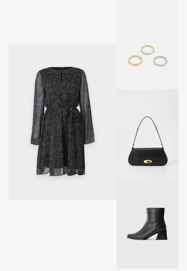 Must mustriga mustriga pikkade läbipaistvate varrukatega, ümar kaelus ja sidumisvöö. Omab tekstuuriga mustrit väikestest valgetest punktidest üle kogu. ; Must musta ankle bot, mille ruudukujuline varvas, külgriiv ja plokk-konts, heledal taustal.; Mustroone nahast käekott kaarjate vormidega, kuldse tooni detailide ja ülemise käepideme ning sujuva sulgemise ja sileda tekstuuriga.; Kolme metallist rõngast: üks roosa kuld, üks kuld tekstuursete aktsentidega ja üks hõbe, kõik sisepoolt graveeritud brändinguga.