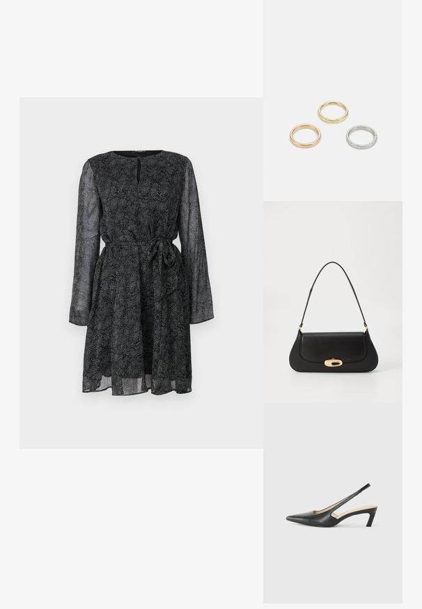 Must mustriga mustriga pikkade läbipaistvate varrukatega, ümar kaelus ja sidumisvöö. Omab tekstuuriga mustrit väikestest valgetest punktidest üle kogu. ; Must mustaga, terav varvas, madala kontsaga sildiga king, mis on valmistatud siledast nahast ja mille küljel on lõike disain hingavuse tagamiseks.; Mustroone nahast käekott kaarjate vormidega, kuldse tooni detailide ja ülemise käepideme ning sujuva sulgemise ja sileda tekstuuriga.; Kolme metallist rõngast: üks roosa kuld, üks kuld tekstuursete aktsentidega ja üks hõbe, kõik sisepoolt graveeritud brändinguga.