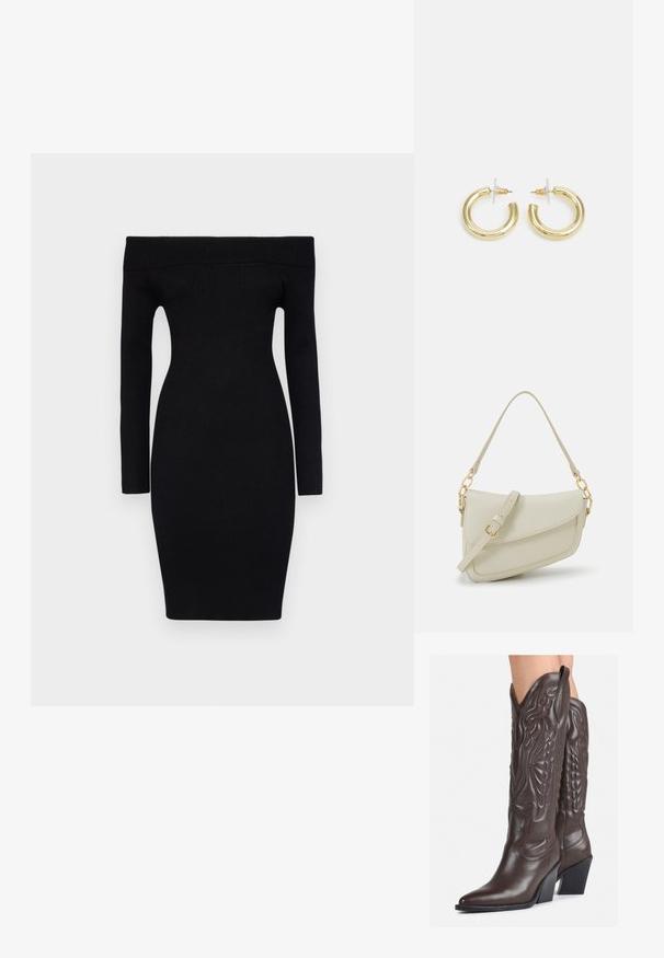 Vestido de malha preto, canelado, com mangas longas e ombros à mostra, com um corte justo, atingindo a metade da coxa em comprimento.; Botas de cowboy em couro castanho com bico pontudo e salto quadrado, apresentando costuras detalhadas e realces elevados no cano.; Pequena bolsa de creme com um acabamento texturizado, uma alça longa ajustável, um detalhe em corrente e um fecho de aba. Detalhes em hardware dourado.; Brincos em argola dourados com um acabamento liso e brilhante. Design circular com um pequeno pino e suporte transparente para um uso seguro.