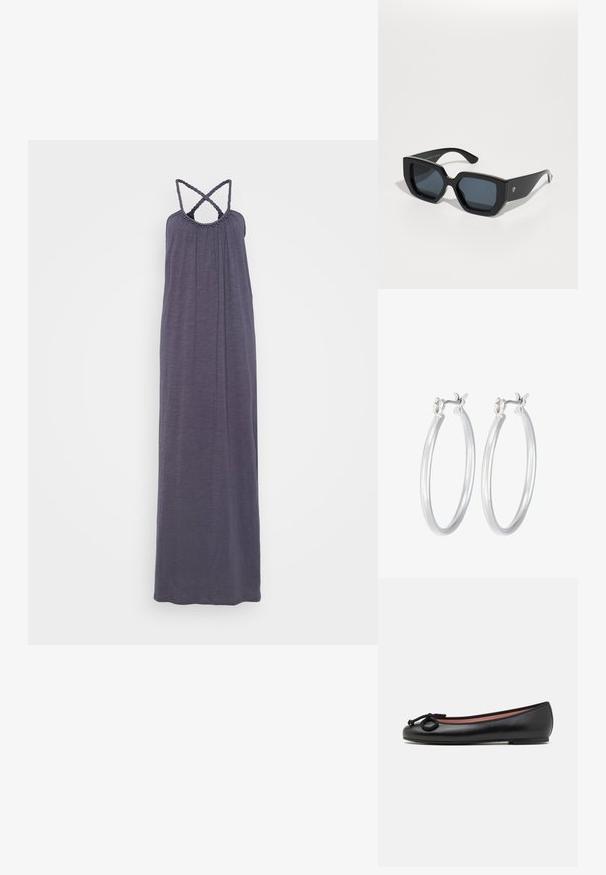 Maxi haljina od tamnosivog materijala, s bodicem s nabranim detaljima, trakama koje se preklapaju na leđima i ukrasnim dekolteom s perlicama, te glatkom, lepršavom siluetom.; Crni kožni baletni stan sa okruglim prstom, s dekorativnom mašnom i glatkom teksturom. Minimalistički dizajn s niskom, ravnom petom.; Crne prevelike sunčane naočale s geometrijskim dizajnom, pravokutnim lećama i sjajnom završnom obradom. Nema vidljivog brendiranja sprijeda.; Srebrne kružne naušnice s glatkom, poliranom površinom. Okrugli oblik i sigurno kopčanje na klik. Lagani dizajn pogodan za svakodnevno nošenje.