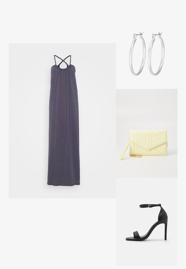 Tumši pelēkas krāsas maxi kleita, kas izceļas ar savilkta bodice, krusteniskām siksnām un pērlīšu apdari ap kaklu, kā arī glītu, plūstošu siluetu.; Melnas augstpapēžu sandales ar elegantu dizainu, kas satur potītes siksniņu, atvērtu pirkstu daļu un gludu ādas tekstūru.; Dzeltena austs kabata ar atloku dizainu, noņemamu plaukstas siksnu un zeltītu ķēdes akcentu. Gluda tekstūra un taisnstūra forma.; Sudraba riņķveida auss gredzeni ar gludu, pulētu apdari. Apaļa forma un drošs klikšķa augšējais slēgums. Viegls dizains, kas piemērots ikdienas valkāšanai.