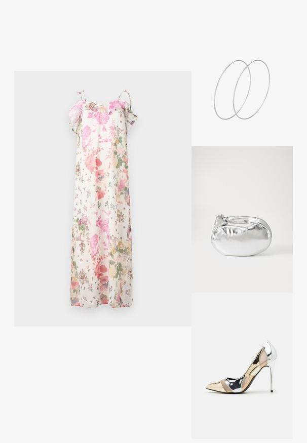 Gėlėtas maksi suknelė su pastelinių rožinių, žalių ir purpurinių raštų ant balto fono. Lengva, su volanų rankovėmis ir reguliuojamomis petnešomis.; Aštrus pirštas aukštakulnis batelis su sidabro, aukso ir nuogų spalvų deriniu. Blizgus paviršius su išpjovos dizainu, su stiletto kulnu.; Sidabrinė metalinė maišelio forma su švelnia, apvalia forma ir mazgu užveriamu viršumi. Pagaminta iš lygios dirbtinės odos medžiagos.; Sidabrinės pusmėnulio auskarai minimalistiniu dizainu. Apskritimo forma, lygus paviršius ir plonas profilis. Lengvi su poliruotu apdailu.