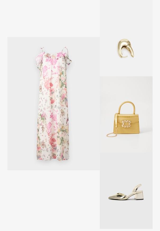 Ziedu maksi kleita ar pasteļrozā, zaļiem un purpursarkanām svītrām uz baltas fona. Viegls audums, ar pūkainām piedurknēm un regulējamām siksnām.; Zeltaini, metāla kurpes ar siksniņām, norakans purngalis un masīla papēdis. Gluda tekstūra, minimālisma dizains un šaura siksna.; Dzeltena mākslīgā krokodila roku soma ar strukturētu dizainu, augšējo rokturi, noņemamu ķēdes siksniņu un dekoratīvām kristāla rotājumiem aizdares daļā.; Zeltīti metāla auskari ar gludu, izliekta dizaina. Ar atšķirīgu smailu formu, pulētu virsmu un eņģu aizdari.